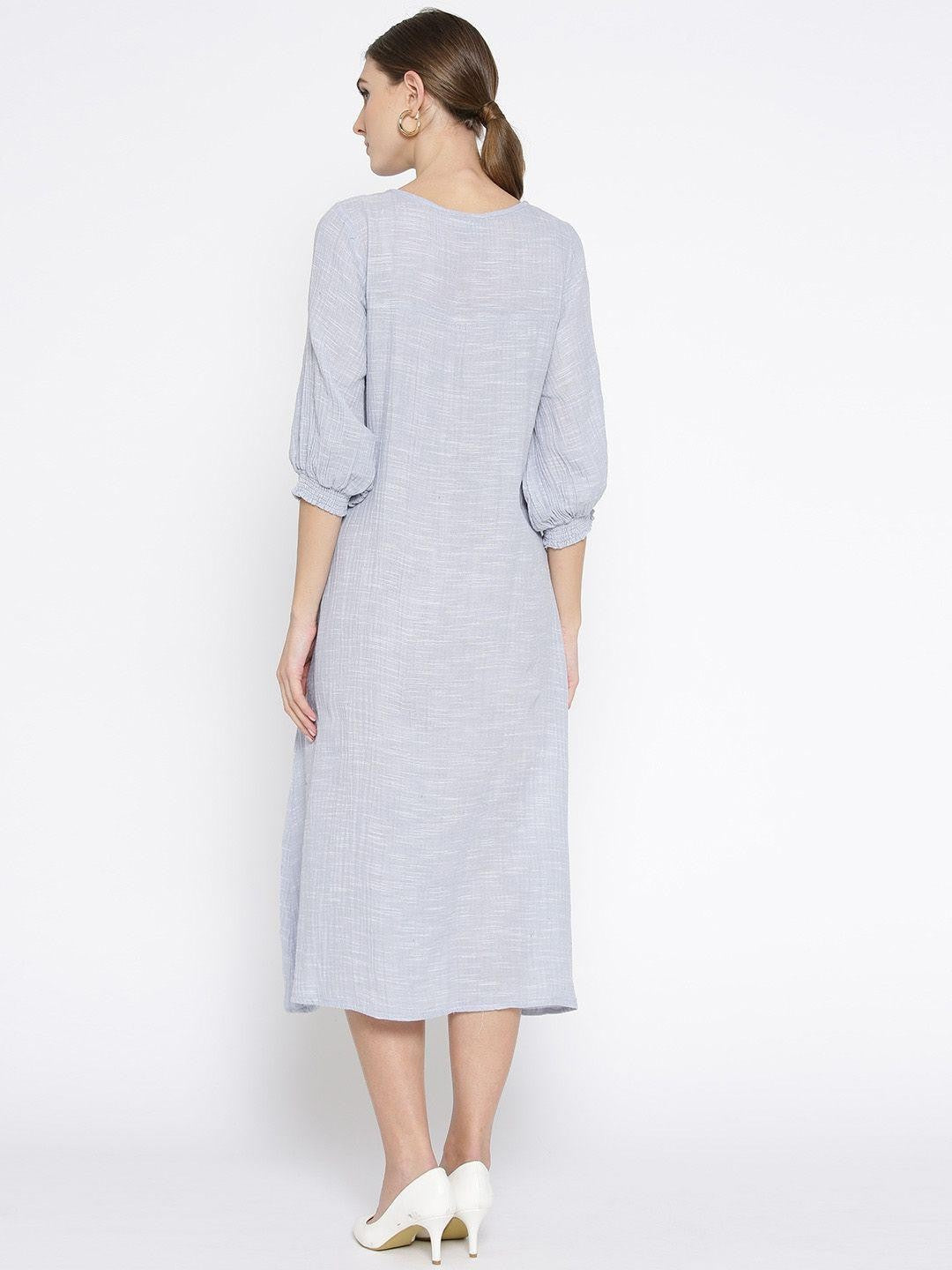 Scoup Blue Cotton Slub Yoke Embroidered Dress
