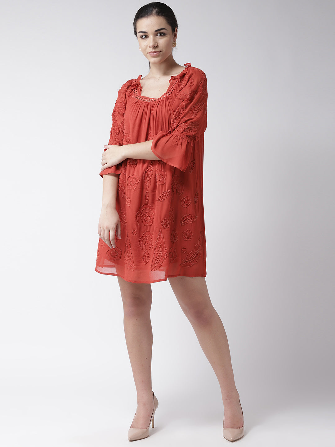 Scoup Women Rust Orange Embroidered A-Line Dress