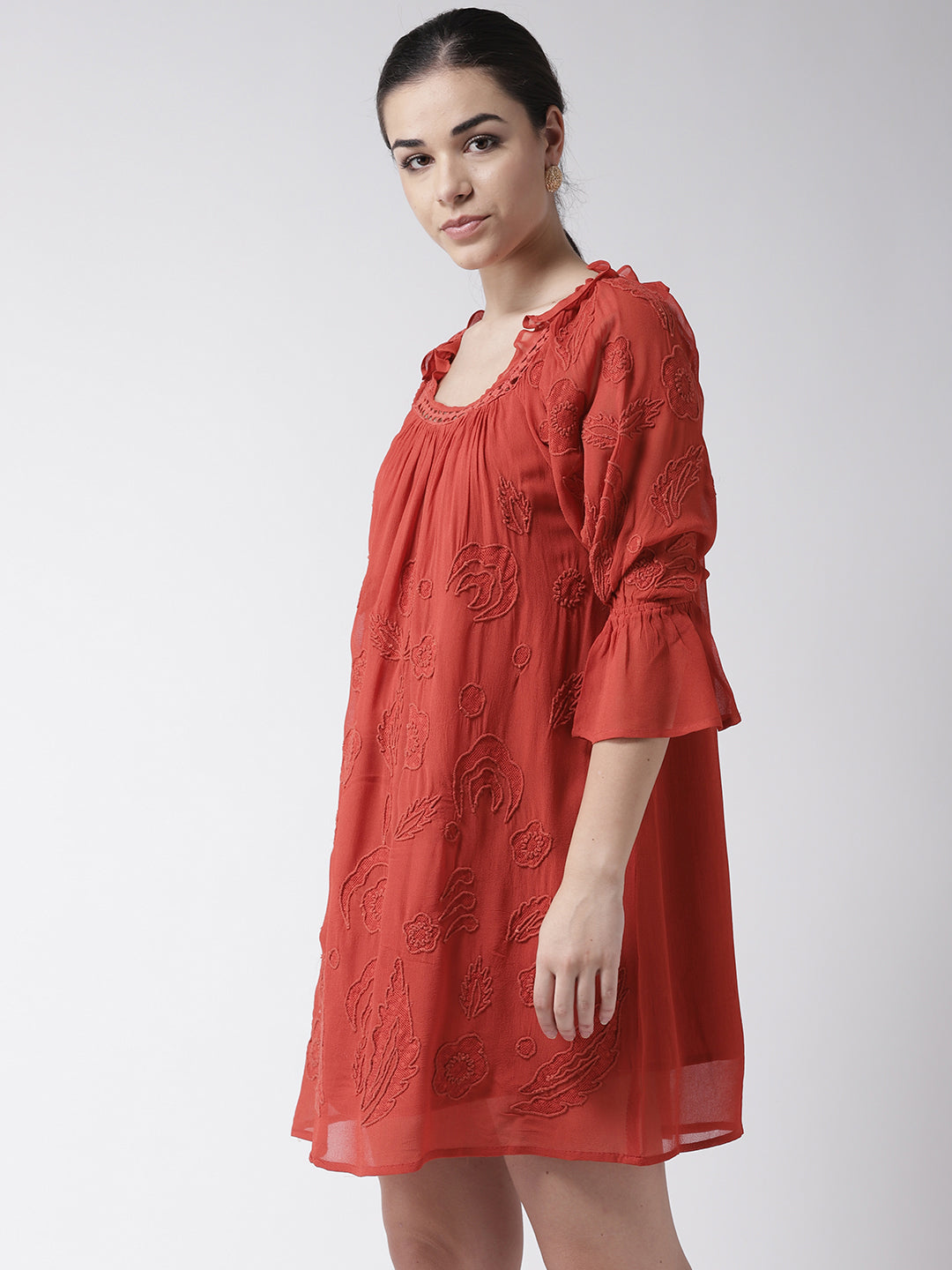 Scoup Women Rust Orange Embroidered A-Line Dress