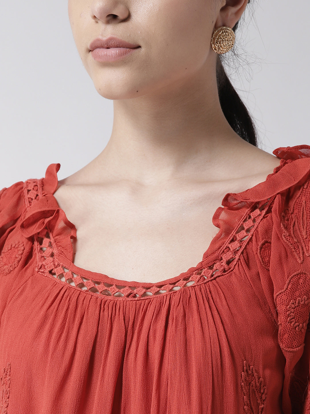 Scoup Women Rust Orange Embroidered A-Line Dress