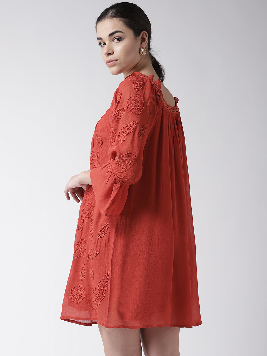 Scoup Women Rust Orange Embroidered A-Line Dress