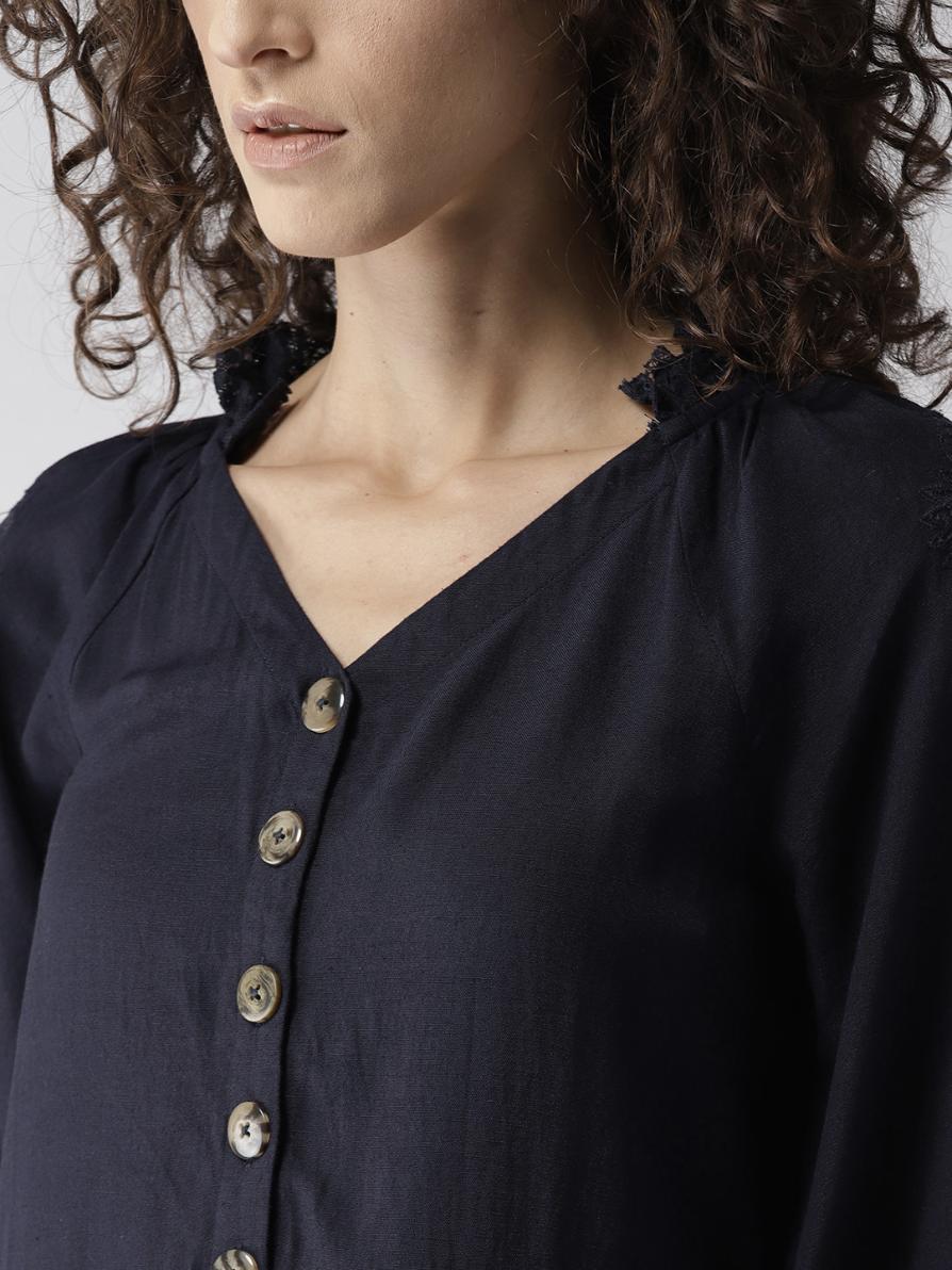 Scoup Navy Blue Solid Lace Detail A-Line Dress