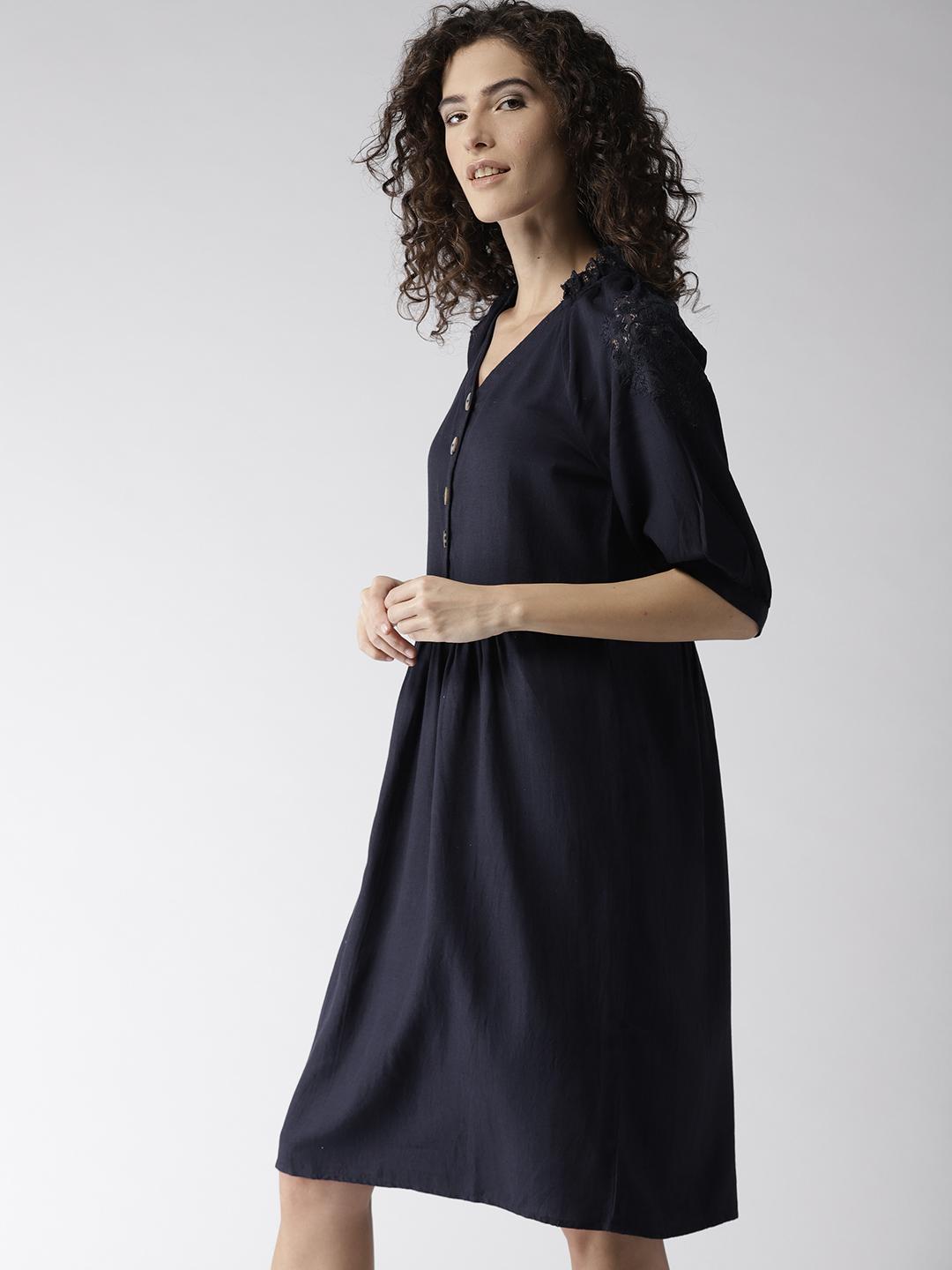Scoup Navy Blue Solid Lace Detail A-Line Dress