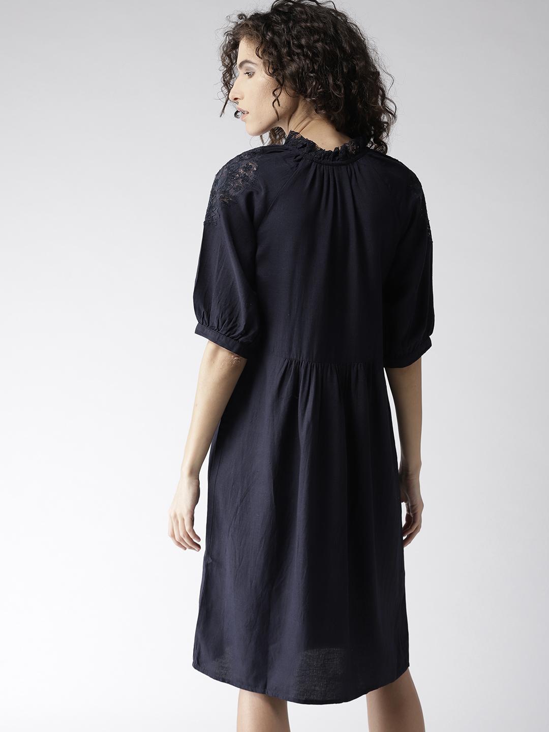 Scoup Navy Blue Solid Lace Detail A-Line Dress