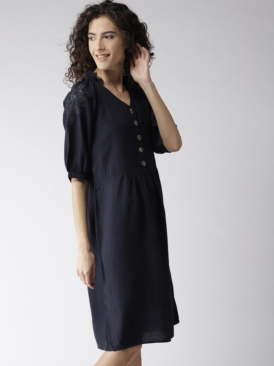 Scoup Navy Blue Solid Lace Detail A-Line Dress