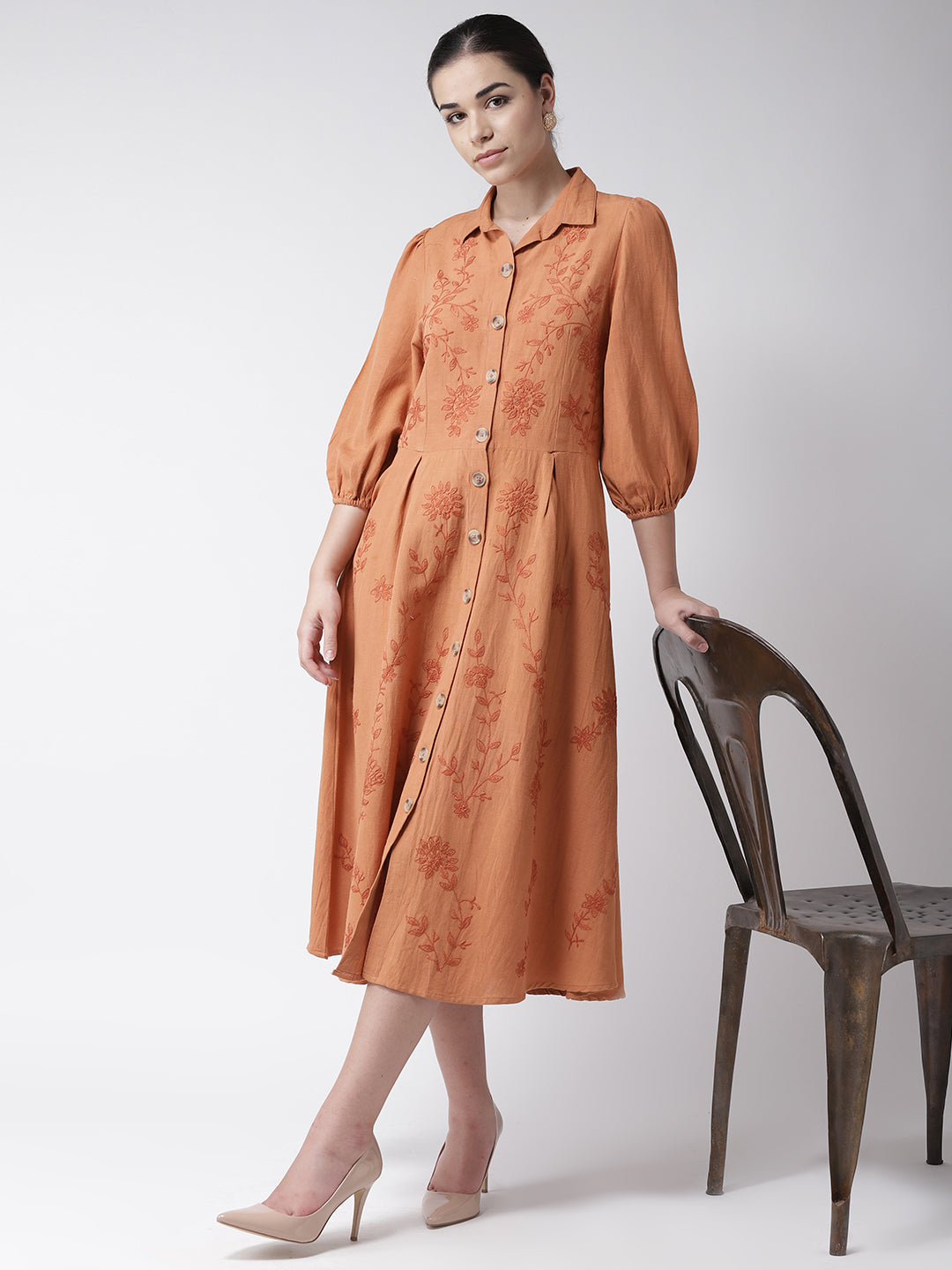 Scoup Orange Embroidered Shirt Midi Dress