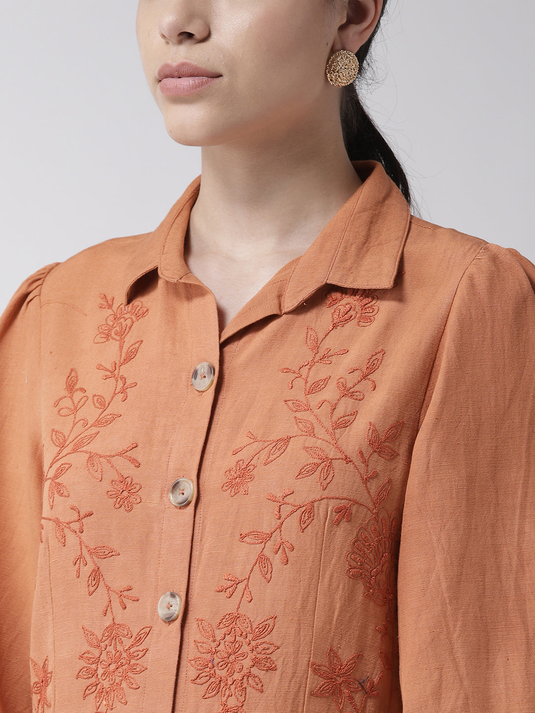 Scoup Orange Embroidered Shirt Midi Dress