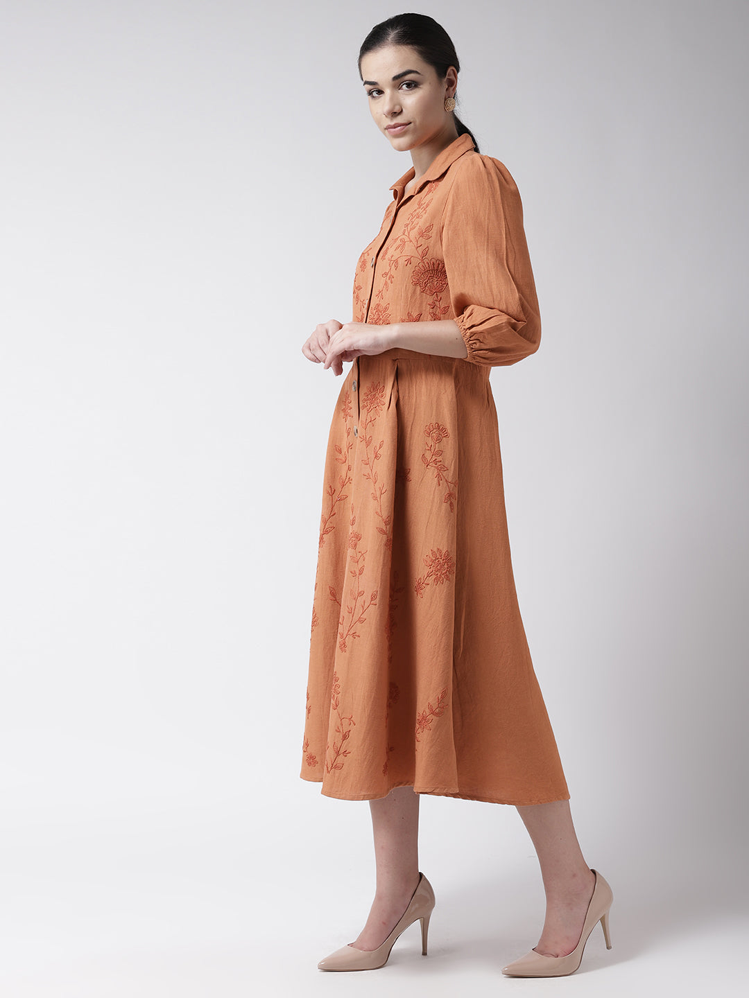 Scoup Orange Embroidered Shirt Midi Dress