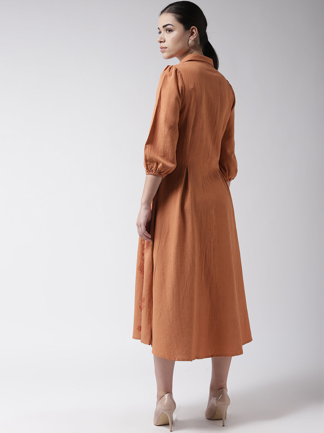 Scoup Orange Embroidered Shirt Midi Dress