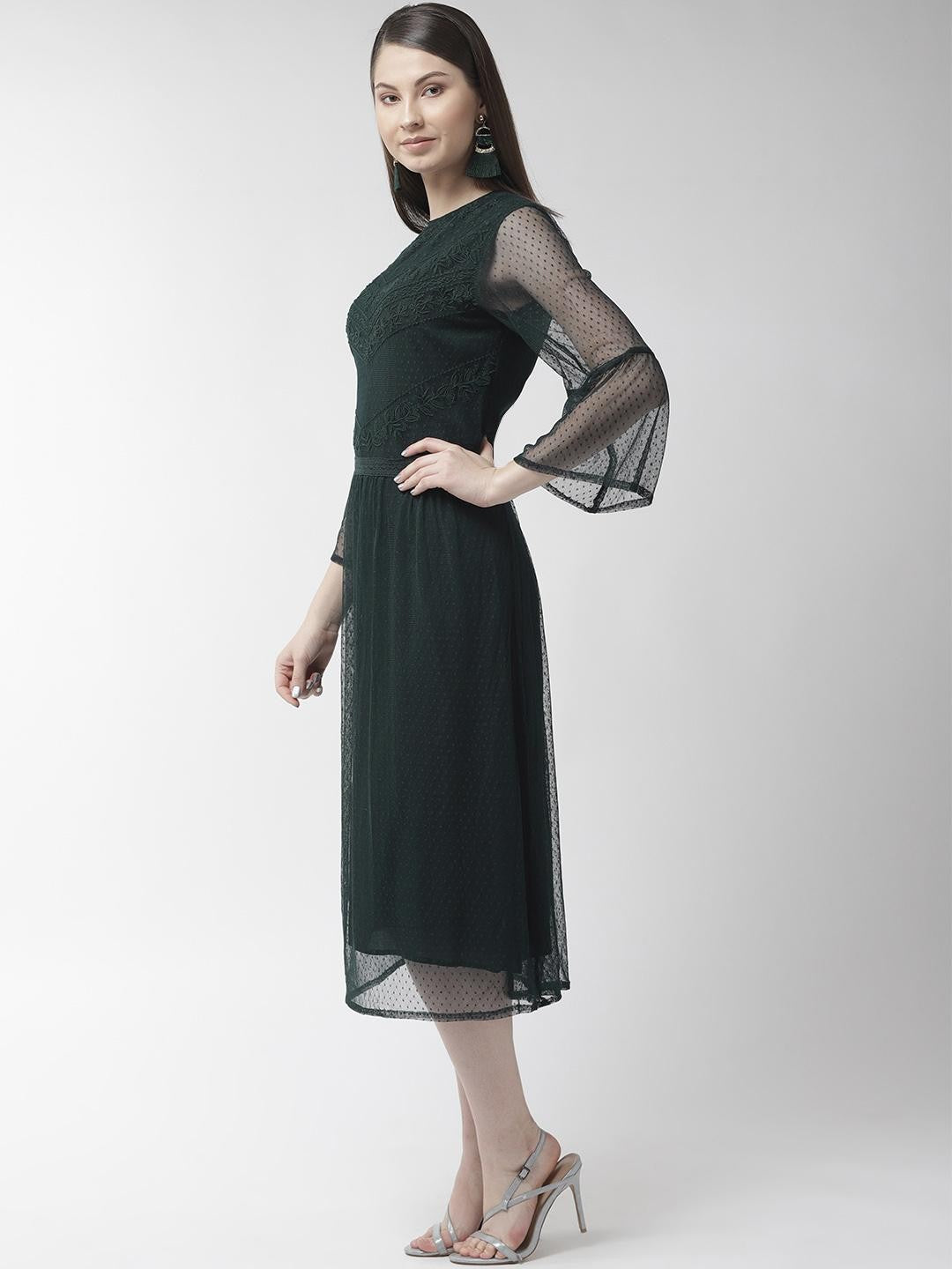 Scoup Green Buta Mesh Embroidered lace Insert Dress