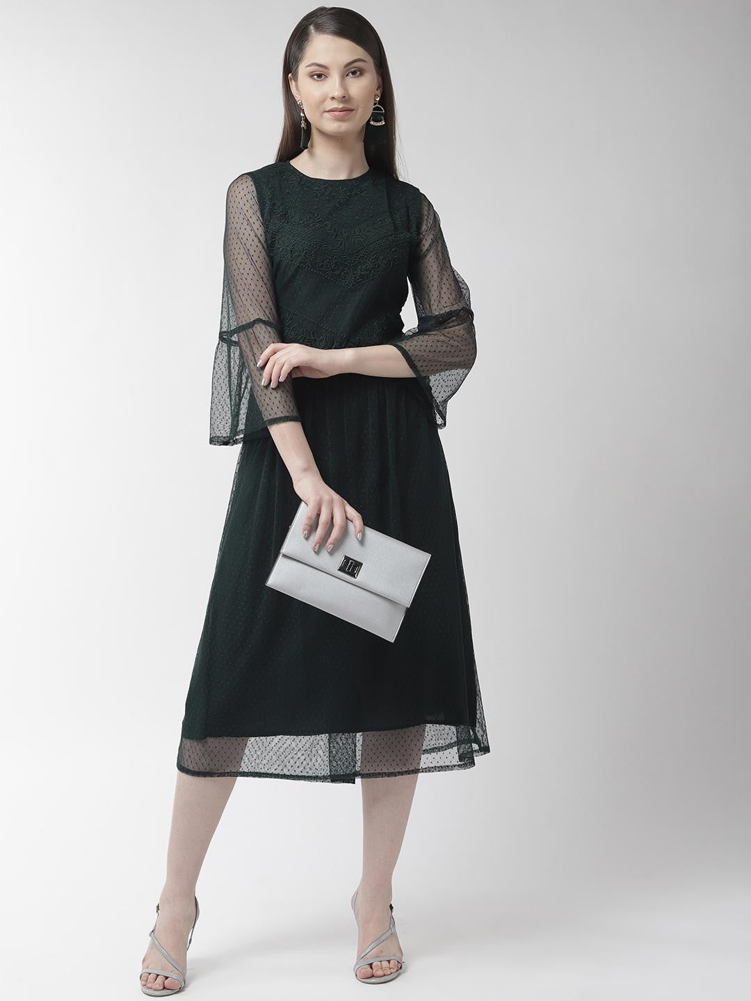 Scoup Green Buta Mesh Embroidered lace Insert Dress
