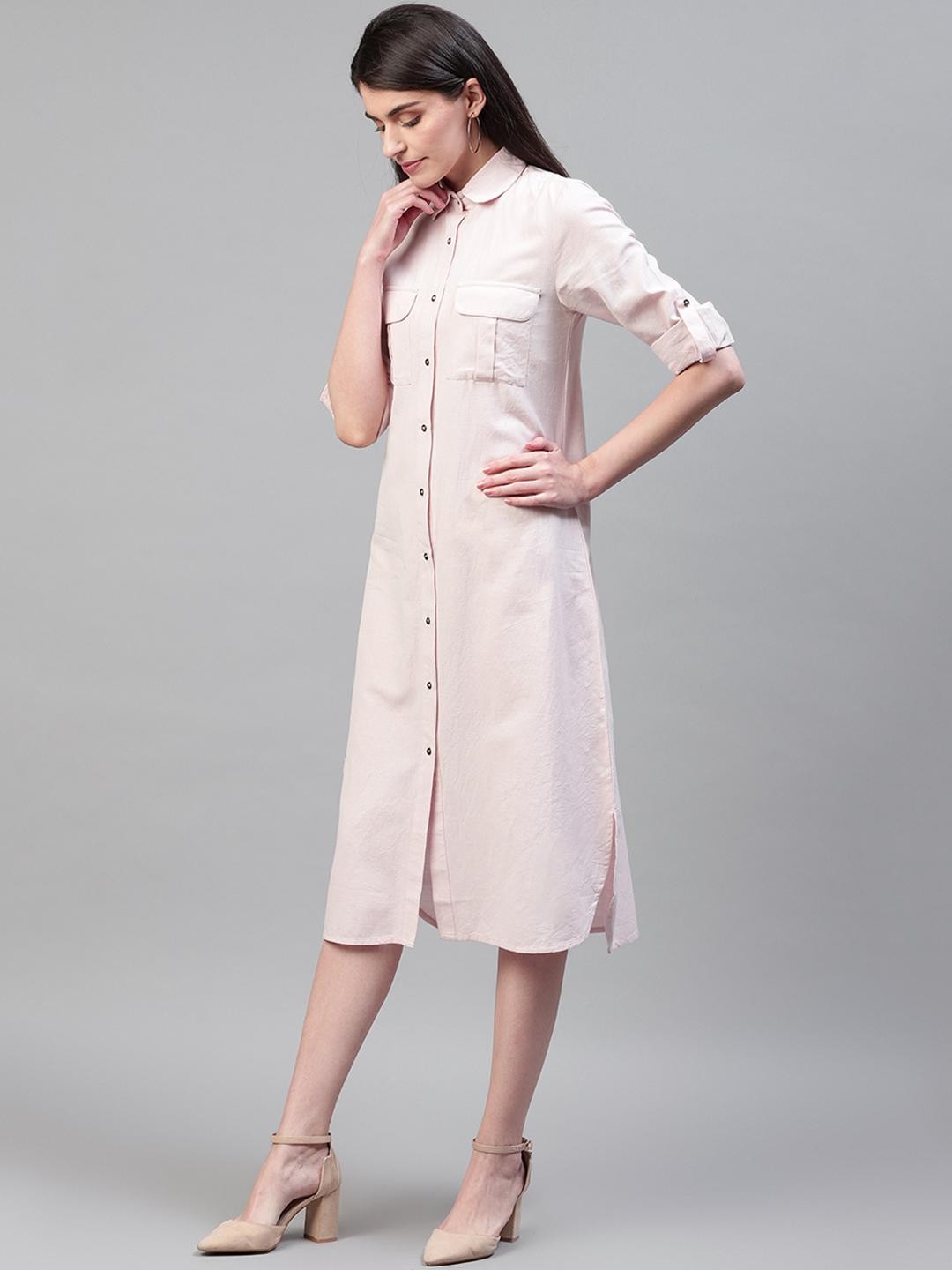 Scoup Pink solid cotton flex shirt dress