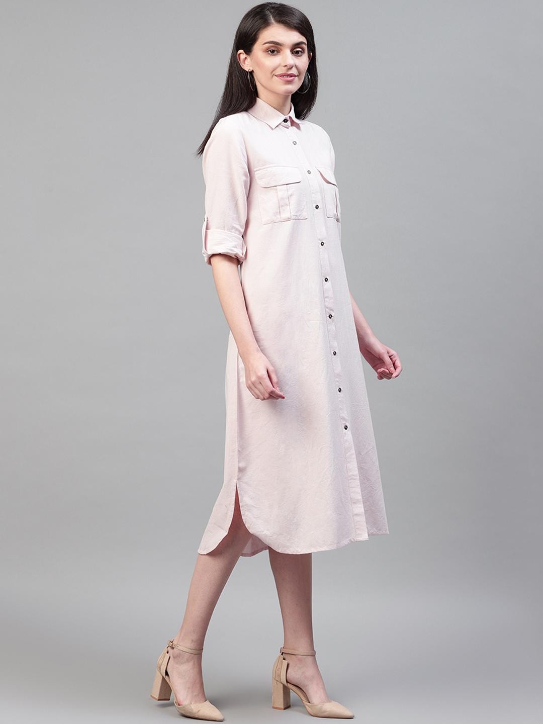Scoup Pink solid cotton flex shirt dress