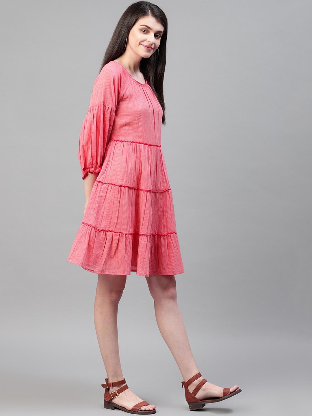 Red cotton lace insert dress with three quarter sleeves