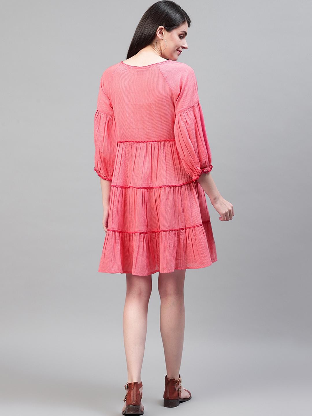Red cotton lace insert dress with three quarter sleeves