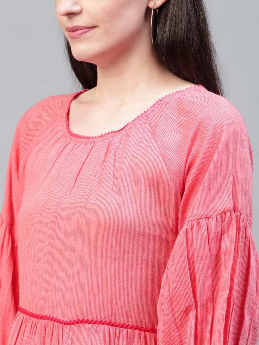 Red cotton lace insert dress with three quarter sleeves