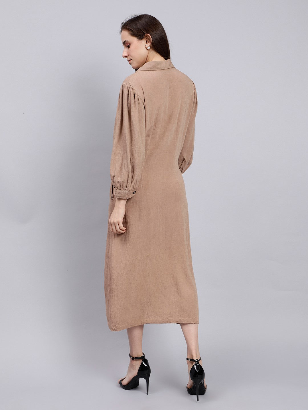 Scoup Brown Midi Shirt Dress with Lapel Collar