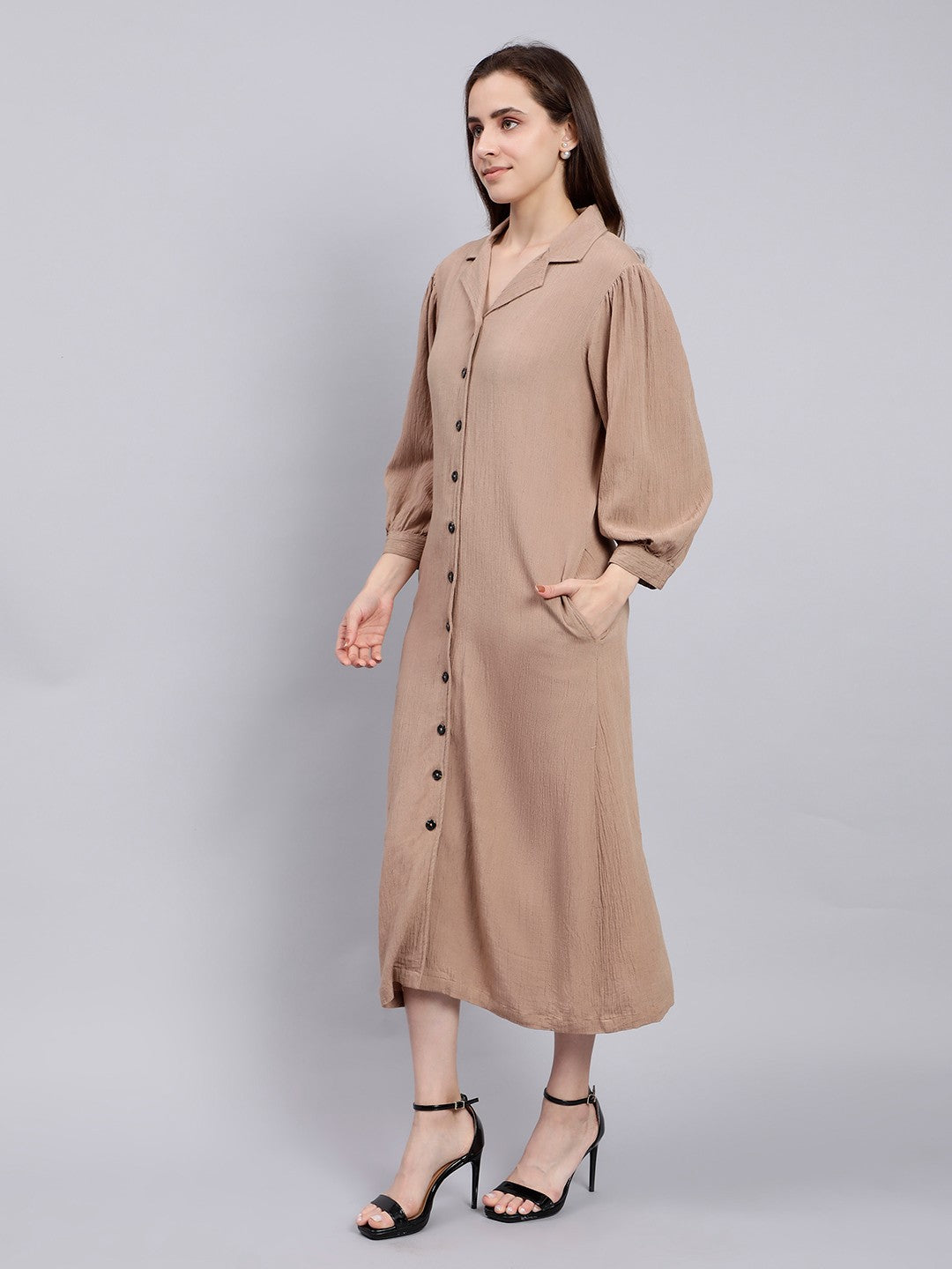 Scoup Brown Midi Shirt Dress with Lapel Collar