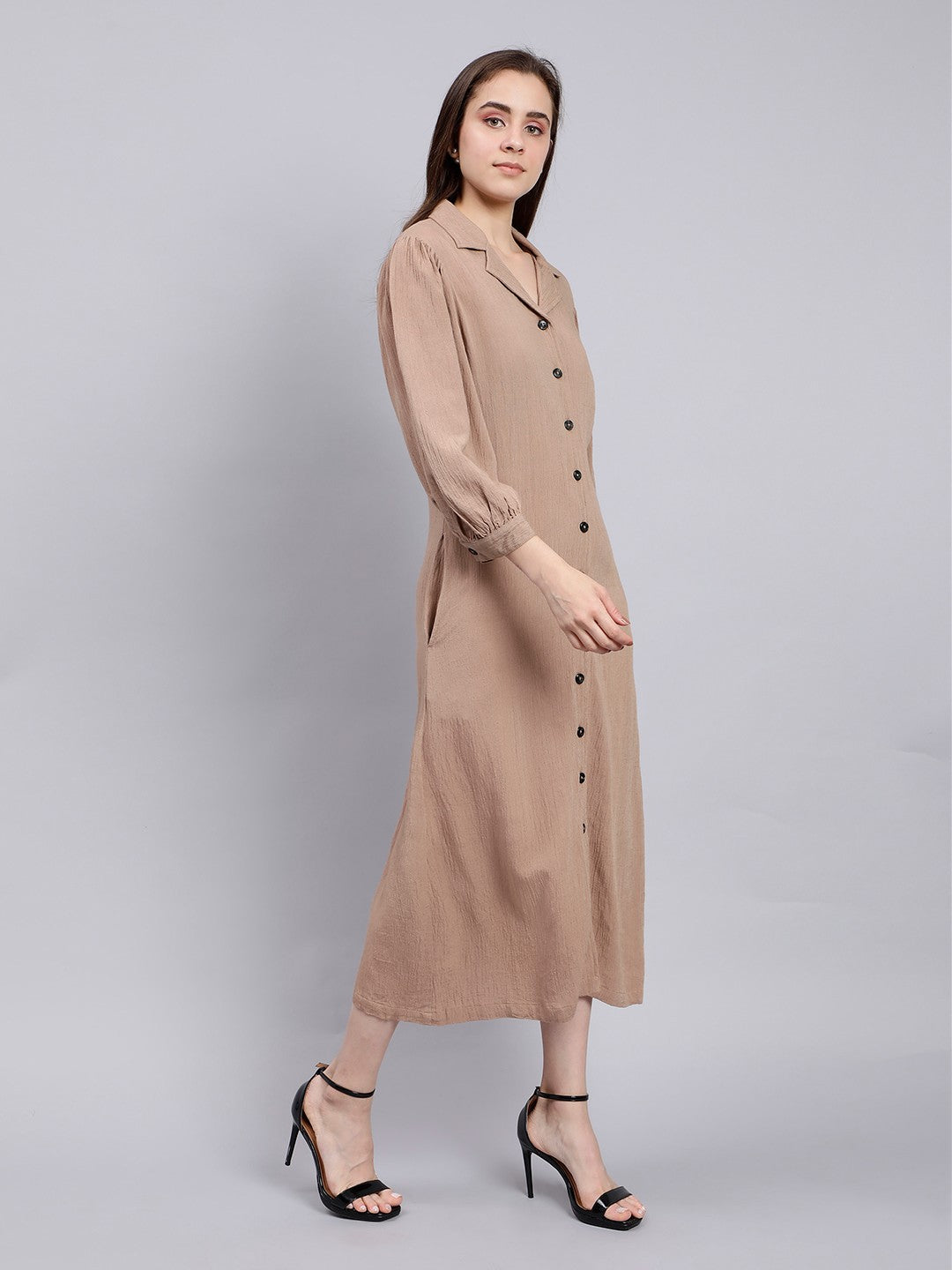 Scoup Brown Midi Shirt Dress with Lapel Collar