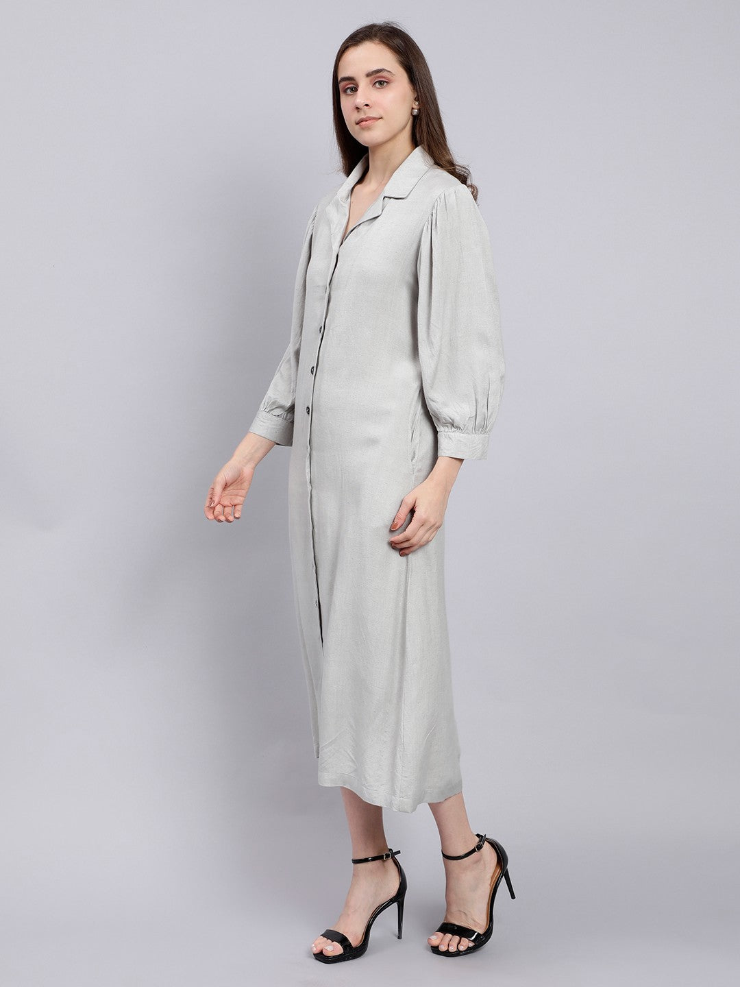 Scoup Dusty Sea Green Midi Shirt Dress with a Lapel Collar