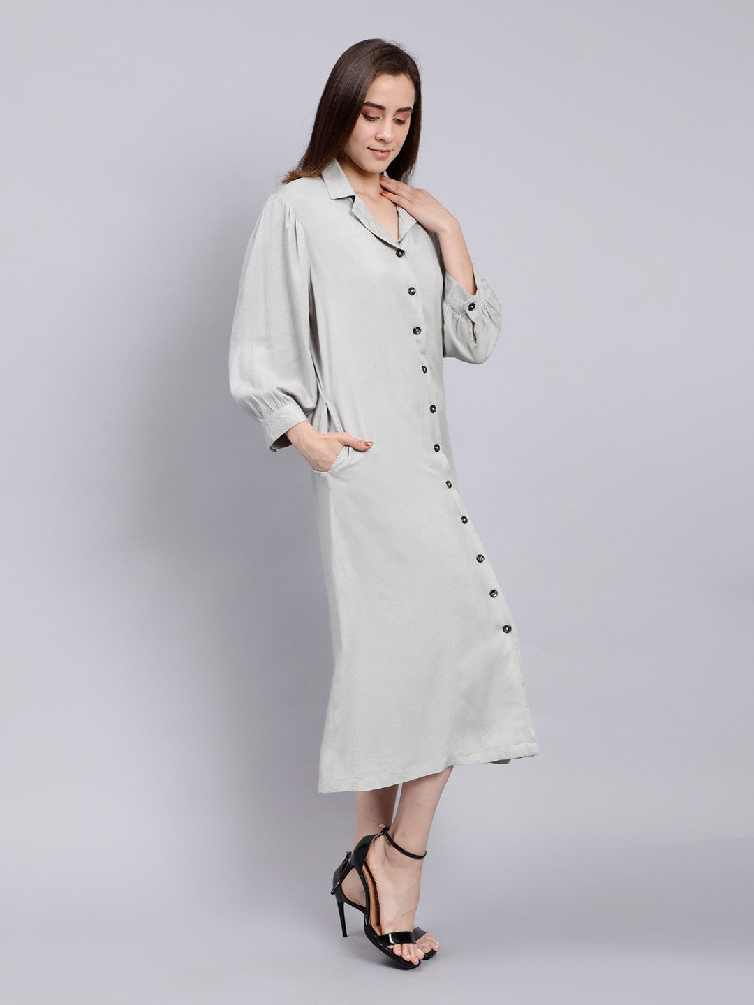 Scoup Dusty Sea Green Midi Shirt Dress with a Lapel Collar