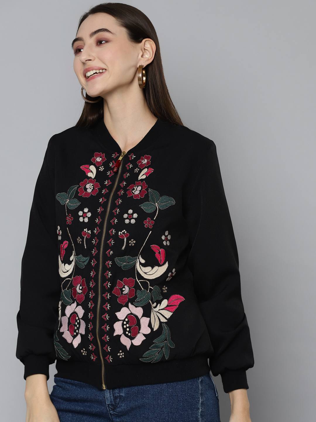 Black Embroidered Bomber Jacket
