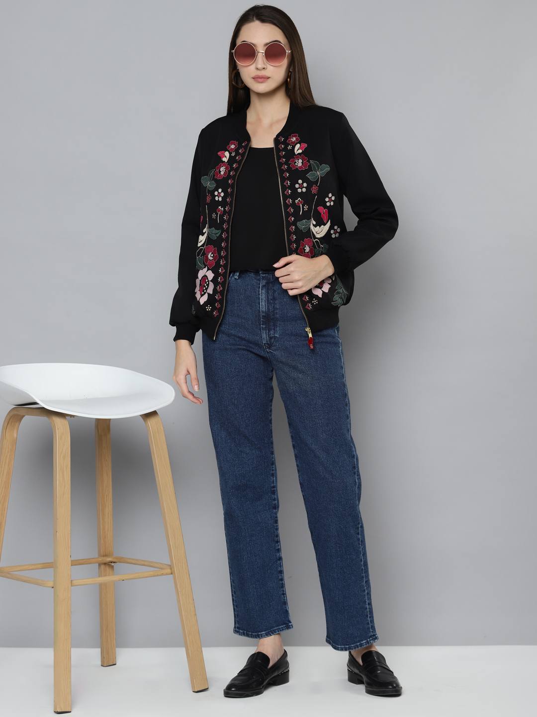 Black Embroidered Bomber Jacket