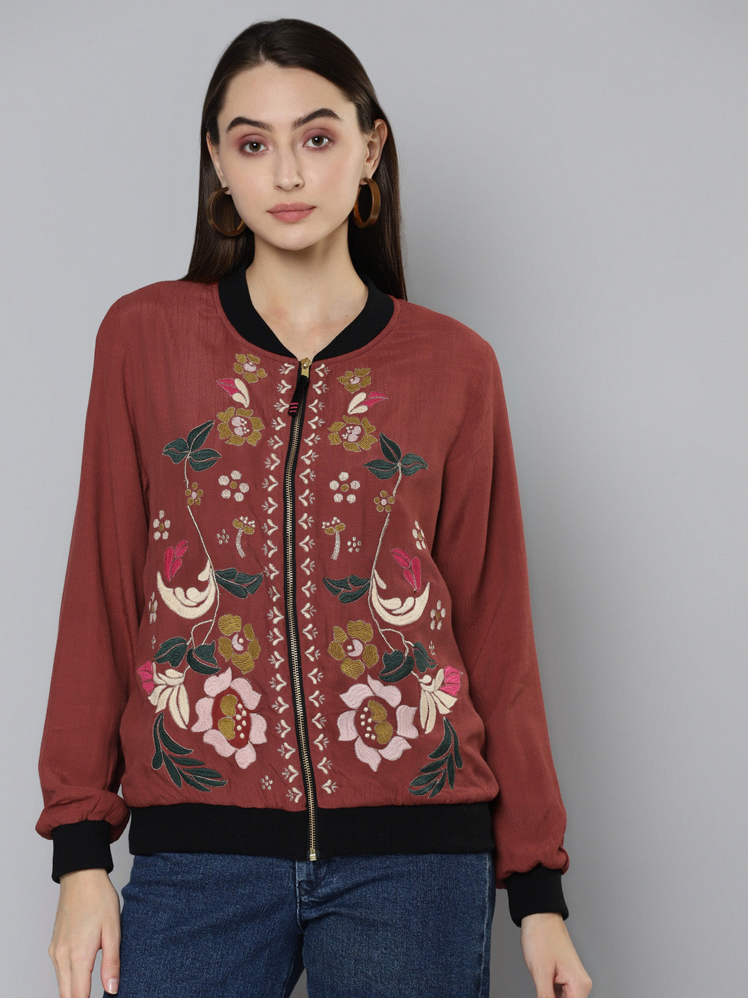 Scoup Rust Embroidered Bomber Jacket