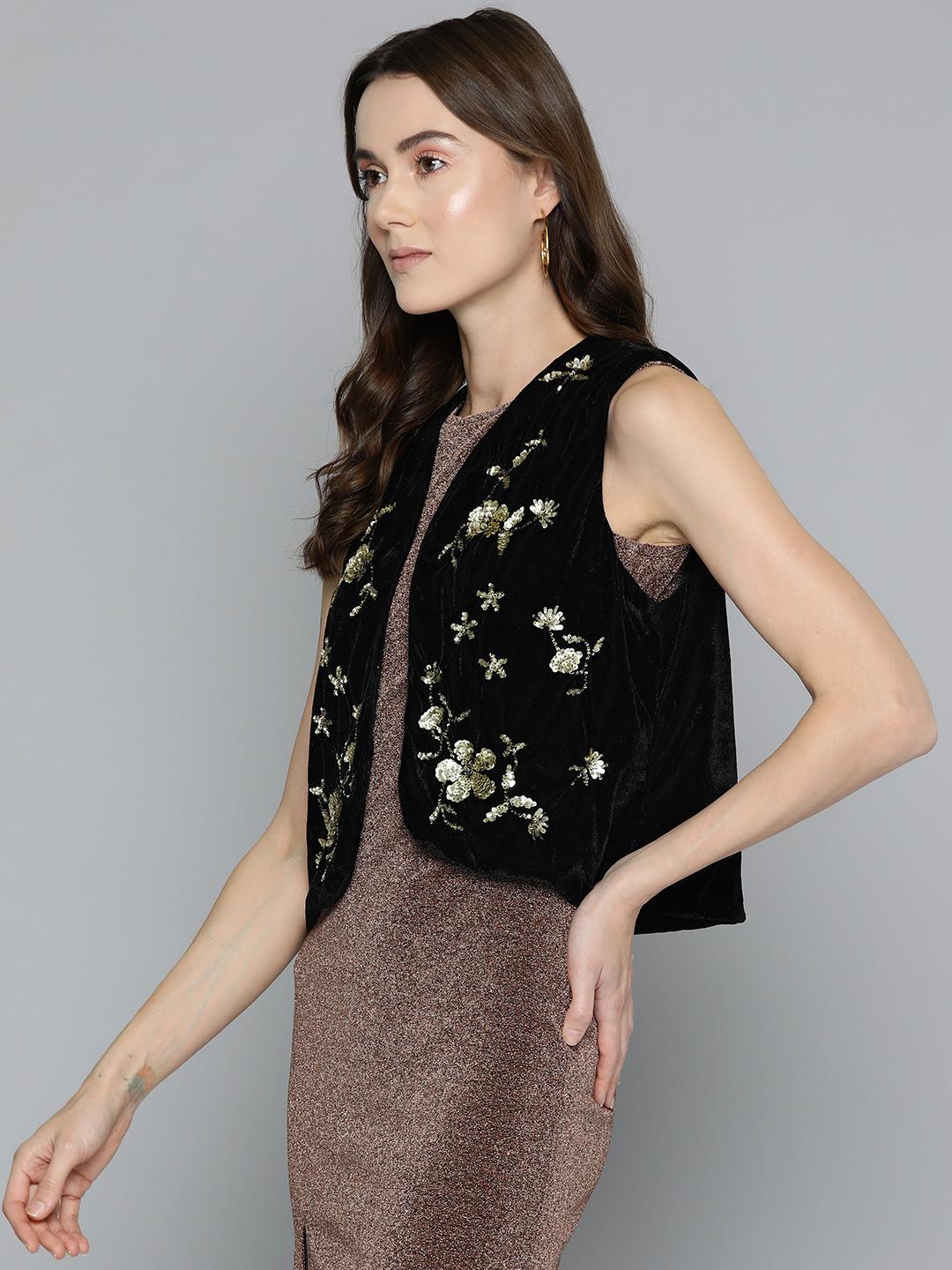 Black Floral Embellished Open Front Sleeveless Short Jacket