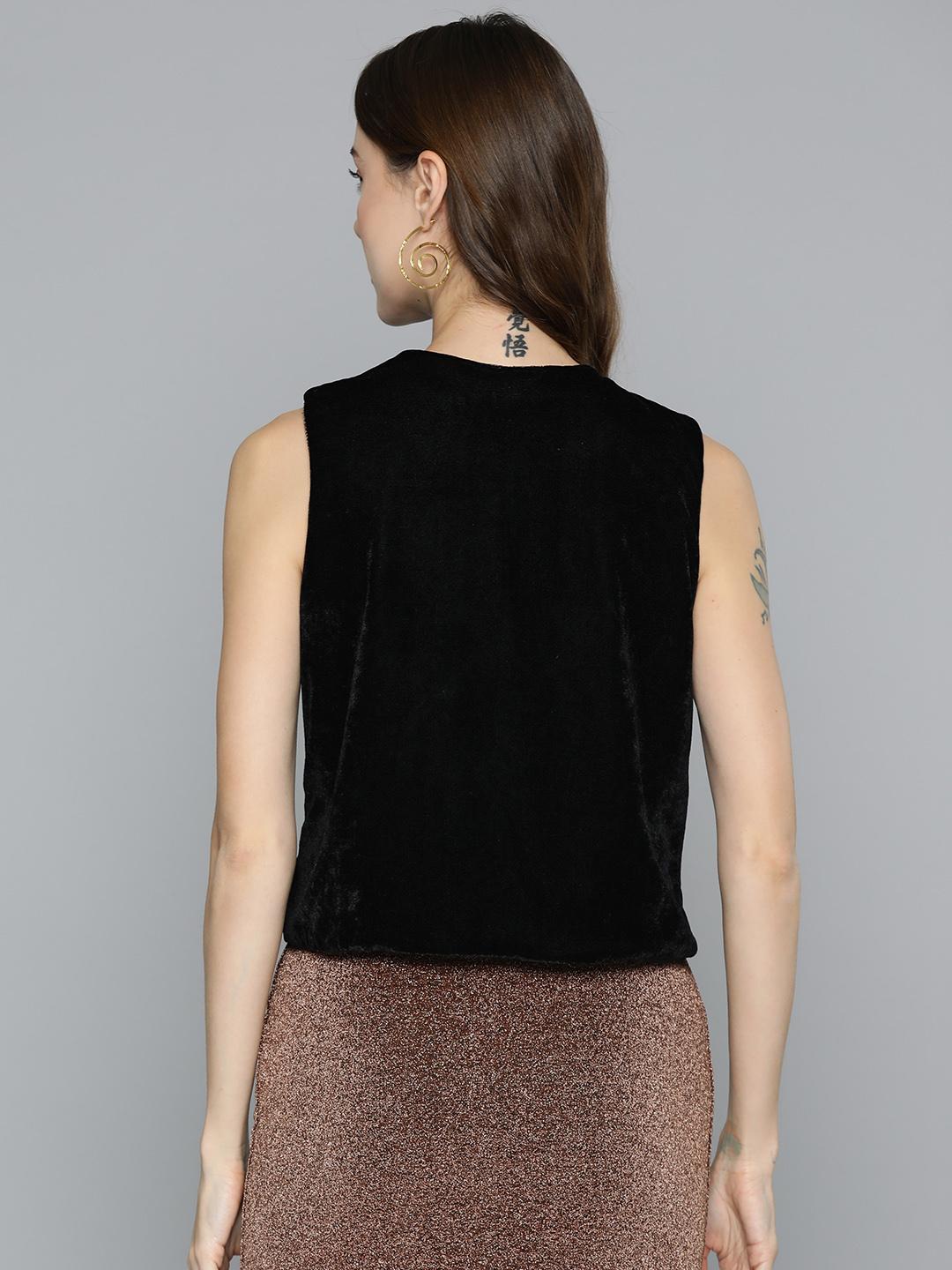 Black Floral Embellished Open Front Sleeveless Short Jacket