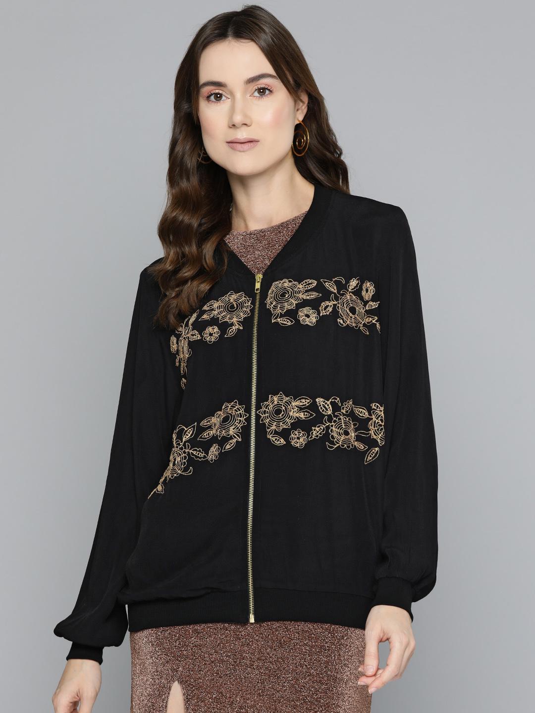 Black Dori Embroidered Bomber Jacket