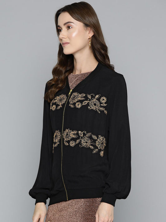Black Dori Embroidered Bomber Jacket