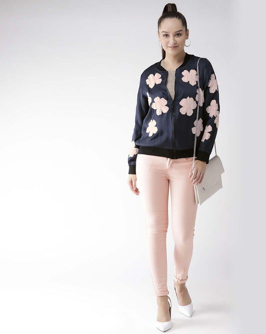 Scoup Floral Appliqued Navy Blue Satin Jacket