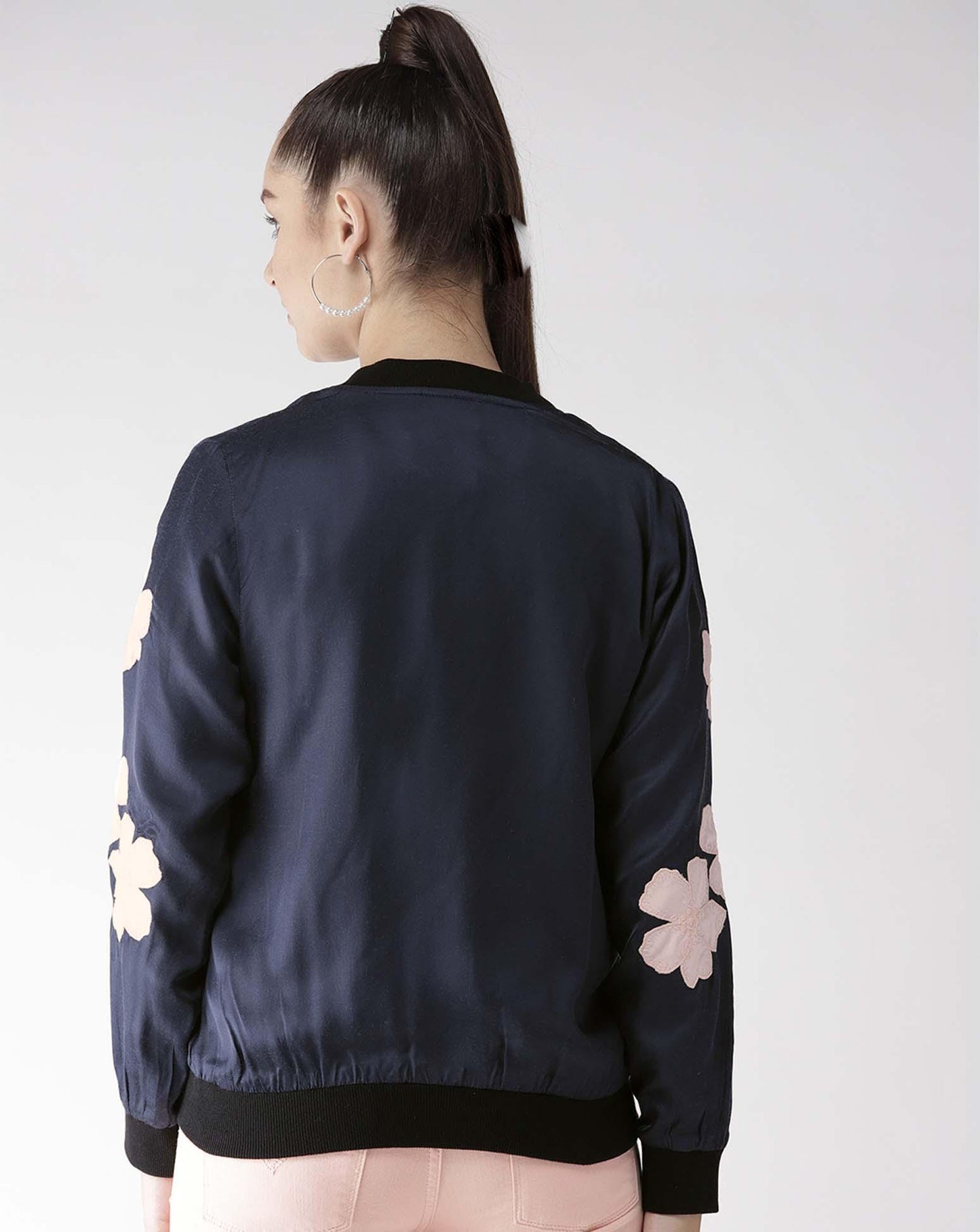 Scoup Floral Appliqued Navy Blue Satin Jacket