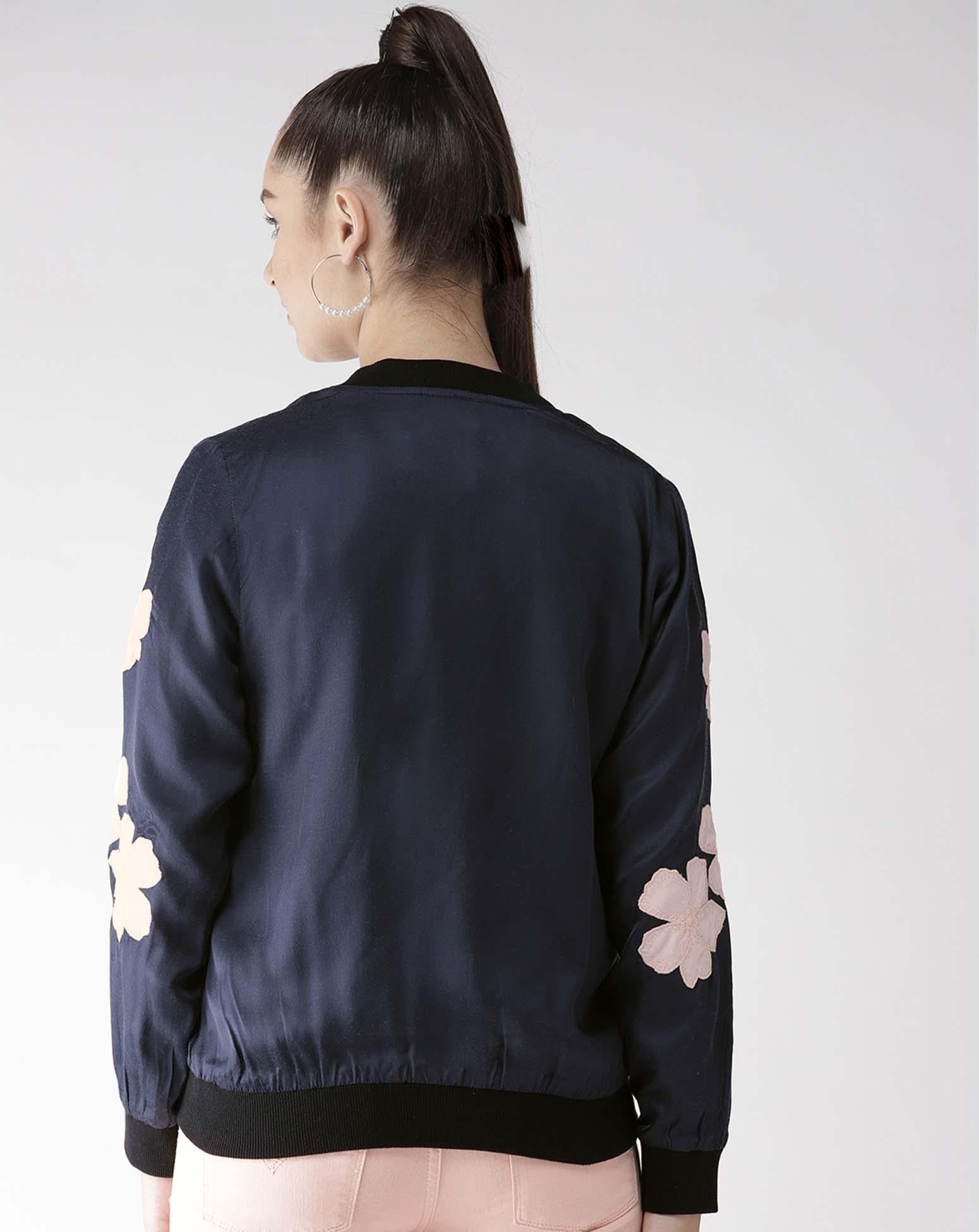Scoup Floral Appliqued Navy Blue Satin Jacket