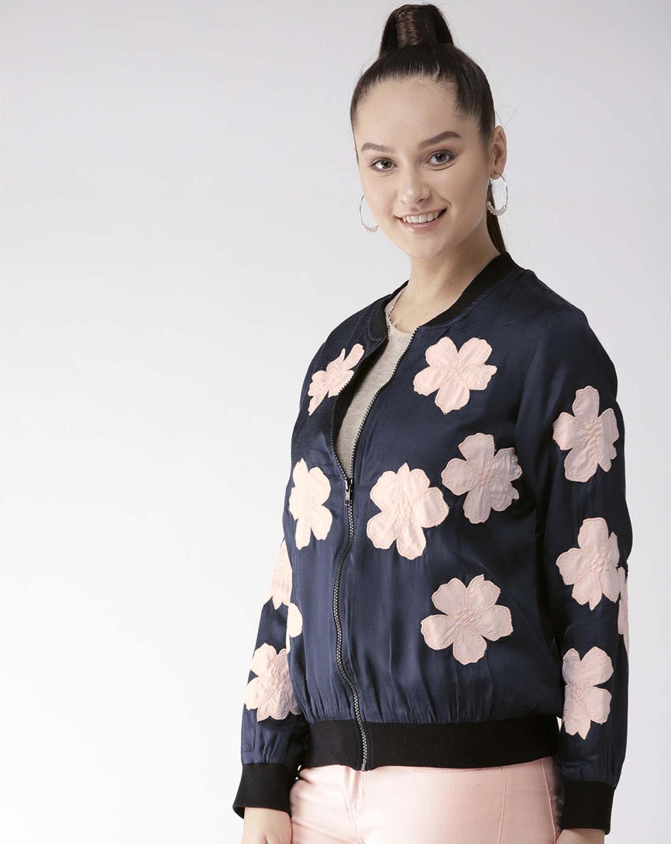 Scoup Floral Appliqued Navy Blue Satin Jacket