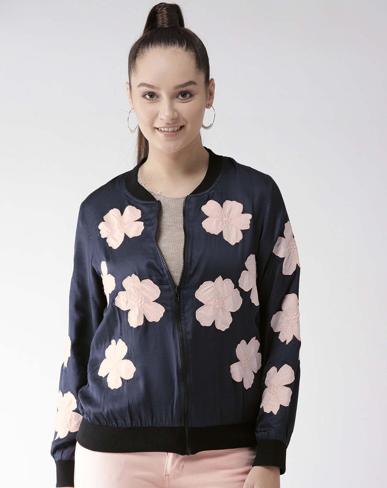 Scoup Floral Appliqued Navy Blue Satin Jacket