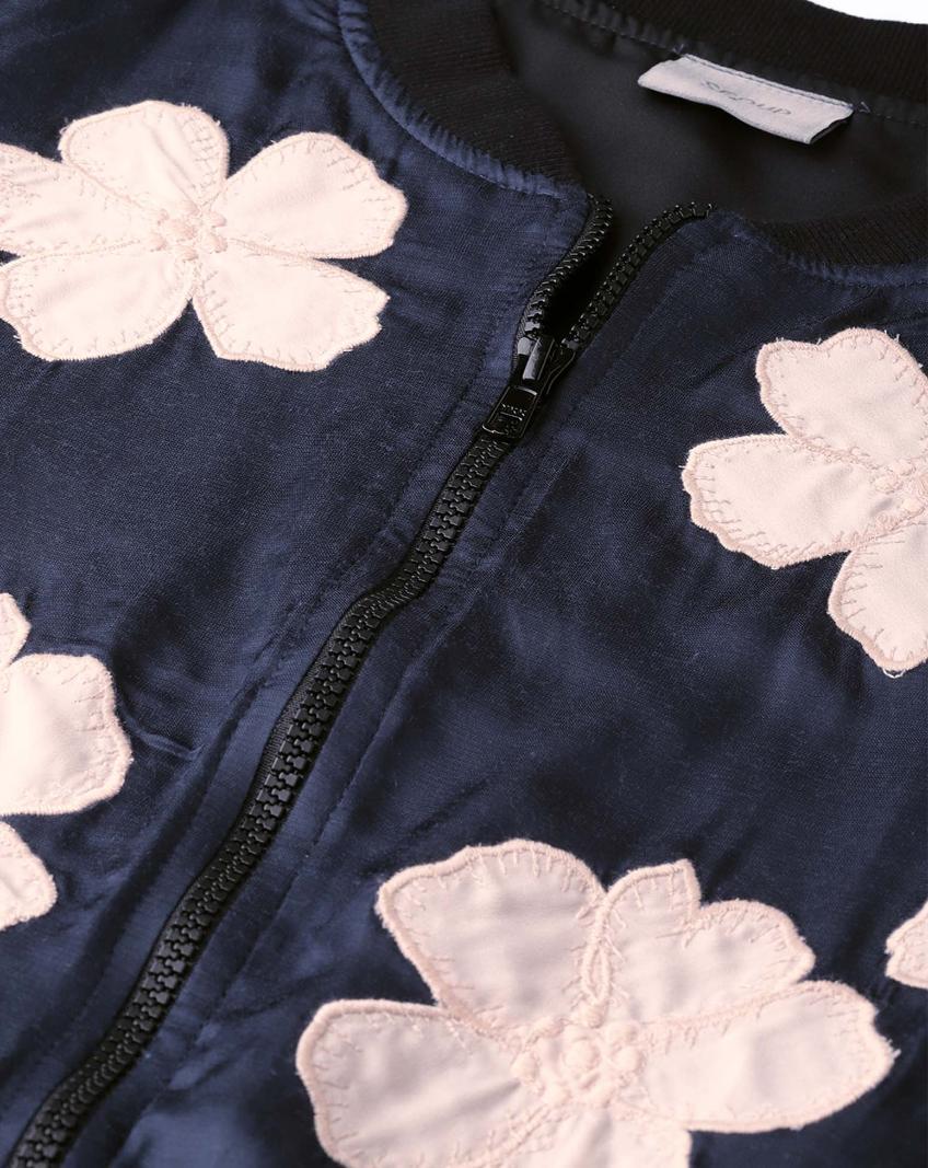 Scoup Floral Appliqued Navy Blue Satin Jacket