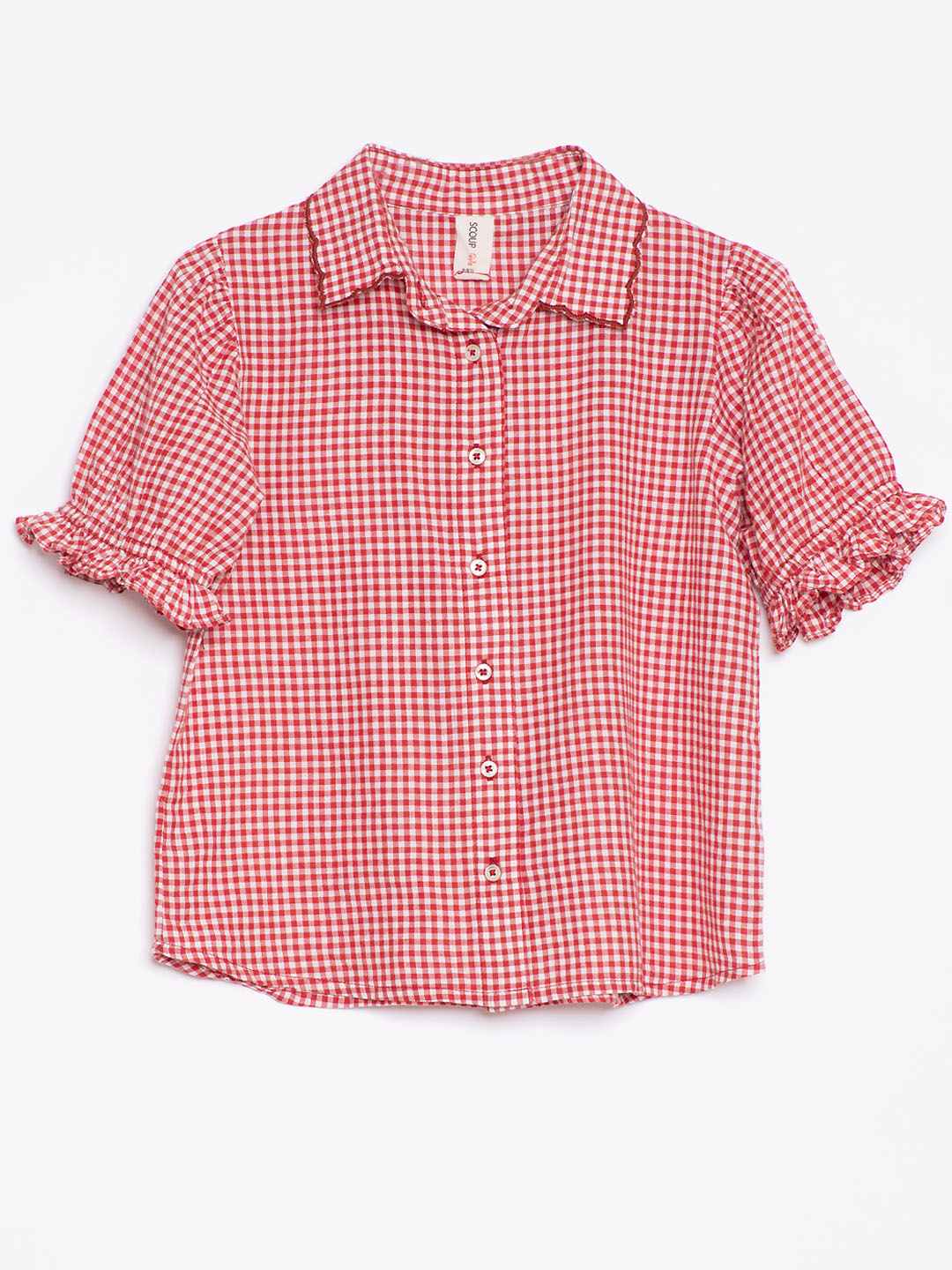 Check Embroidered shirt top with short sleeves