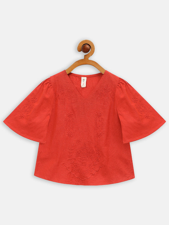 Scoup Embroidered v-neck orange top