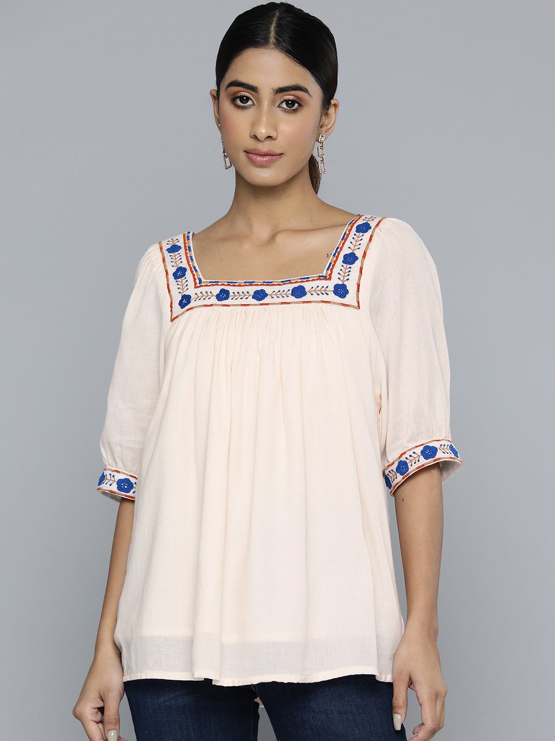 Scoup cream-embroidered-square-neckline-top