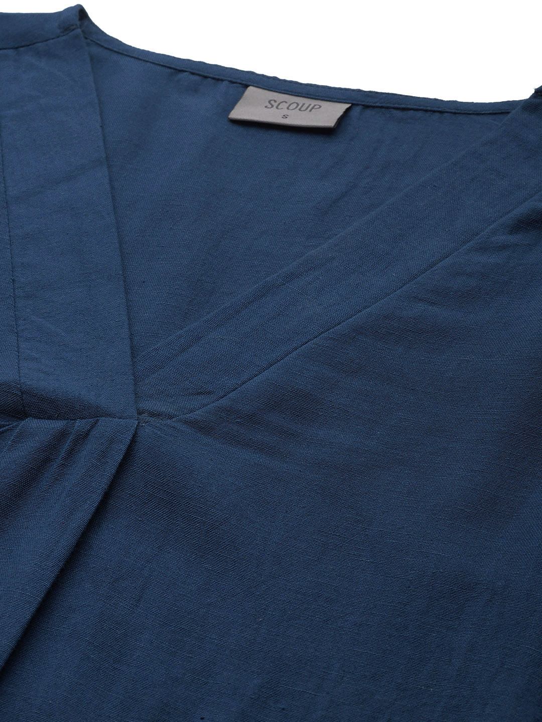 Scoup navy-v-neck-front-pleat-deailed-dress