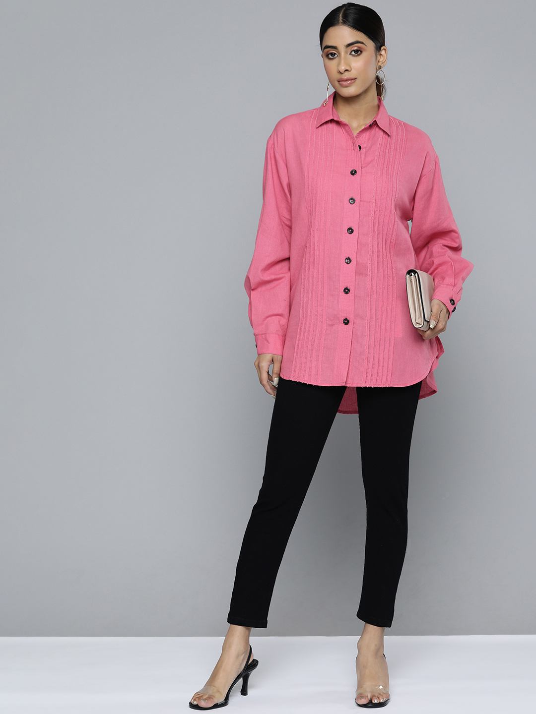 Scoup pink-linen-shirt-with-raw-edge-patched-pleat-detail