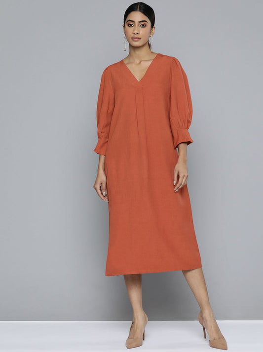 Scoup rust-v-neck-front-pleat-detailed-dress-1