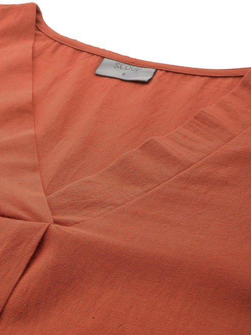 Scoup Combo of Embroidered Shift Dress and Rust V-Neck Front Pleat Detailed Dress