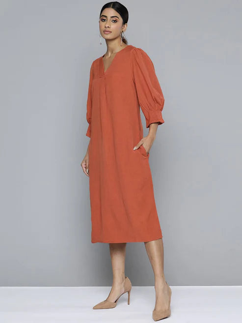 Scoup Combo of Embroidered Shift Dress and Rust V-Neck Front Pleat Detailed Dress