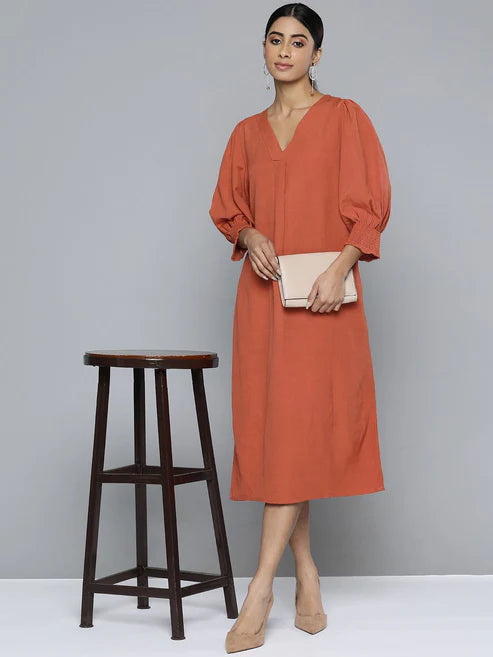 Scoup Combo of Embroidered Shift Dress and Rust V-Neck Front Pleat Detailed Dress