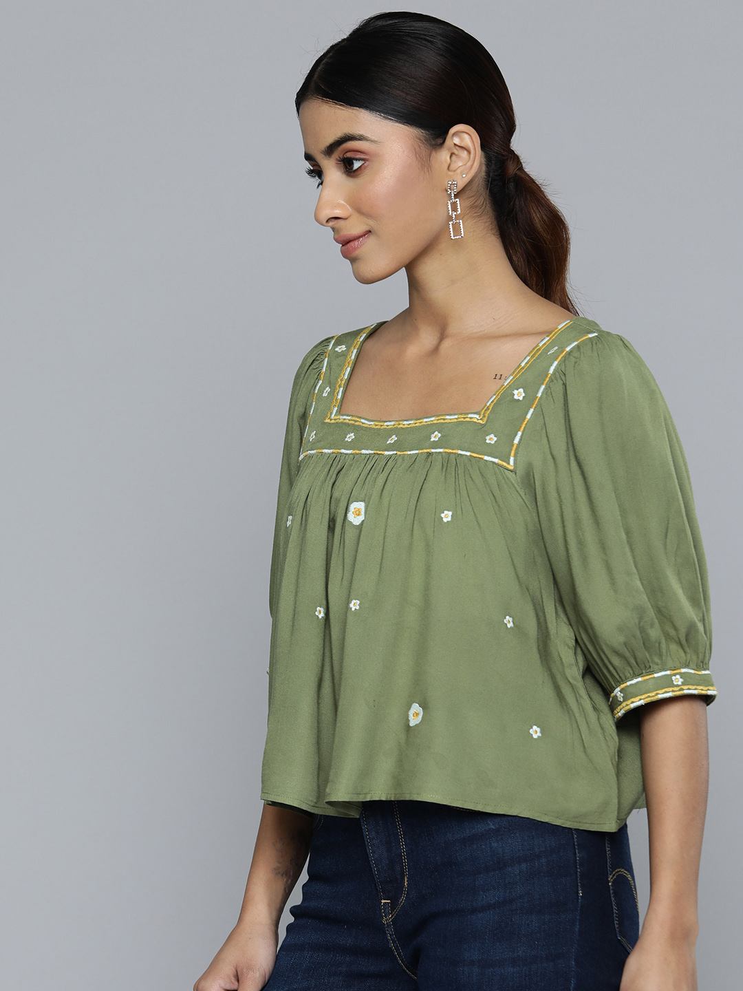 Scoup square-neckline-olive-green-embroidered-crop-top