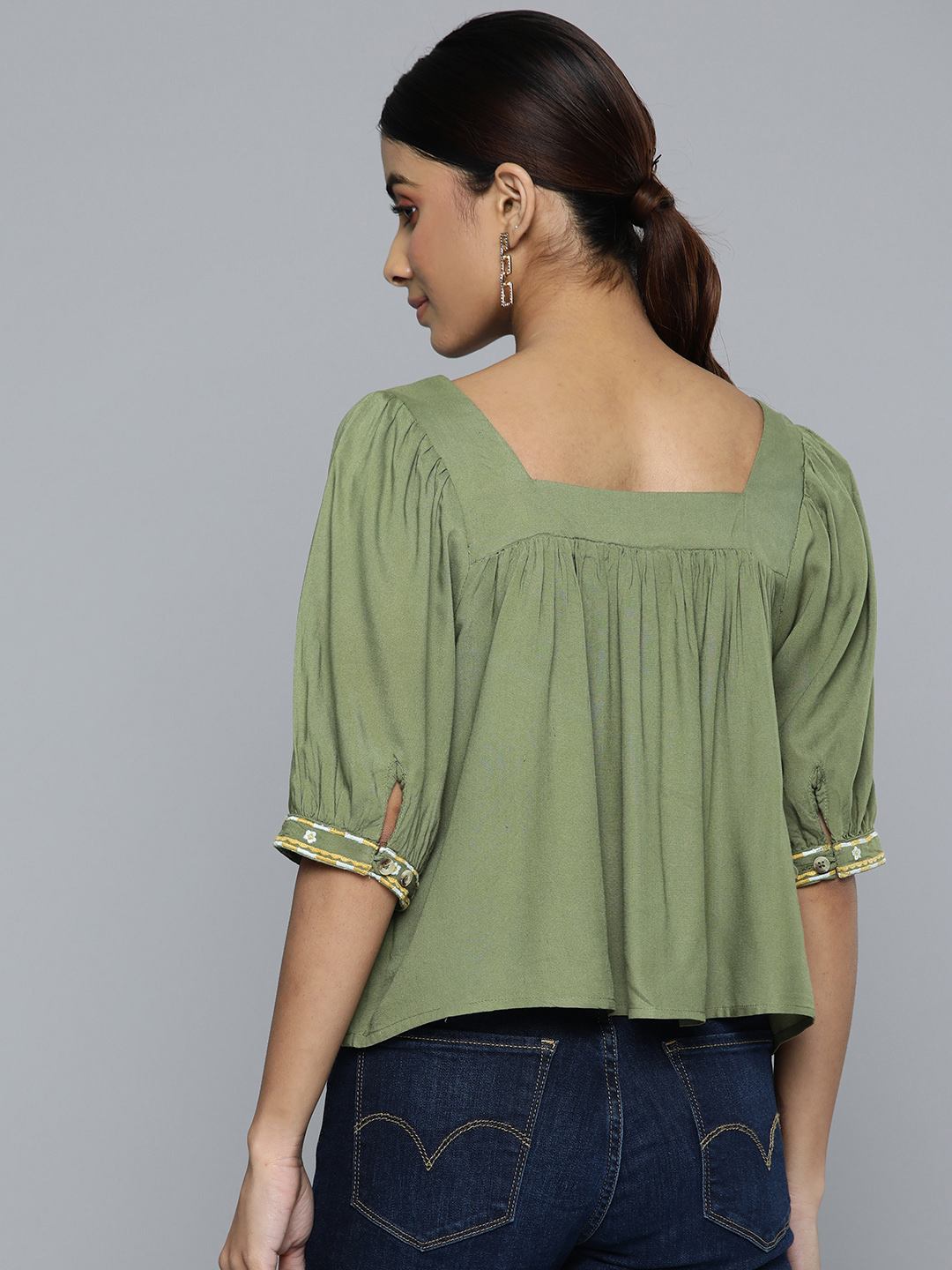 Scoup square-neckline-olive-green-embroidered-crop-top