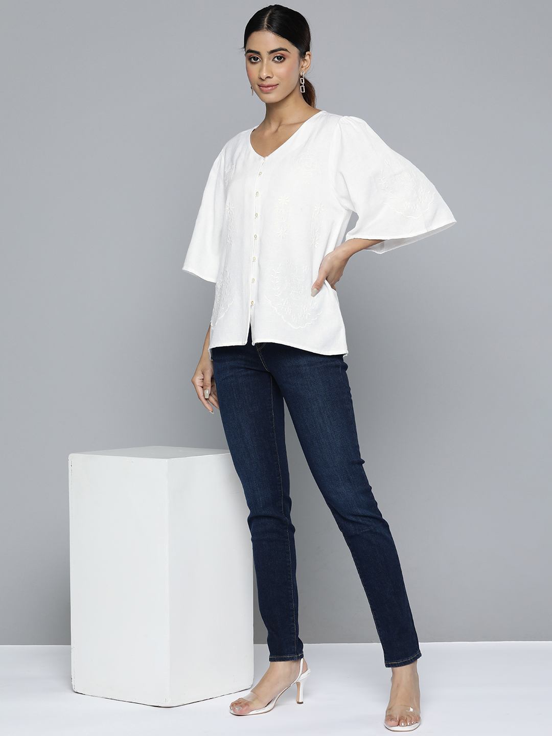 Scoup white-v-neckline-embroidered-top-with-bell-sleeves